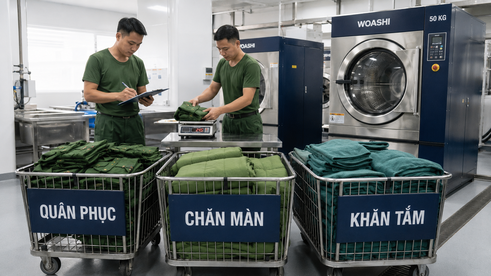 Phân loại quân phục, chăn màn và khăn trước khi giặt