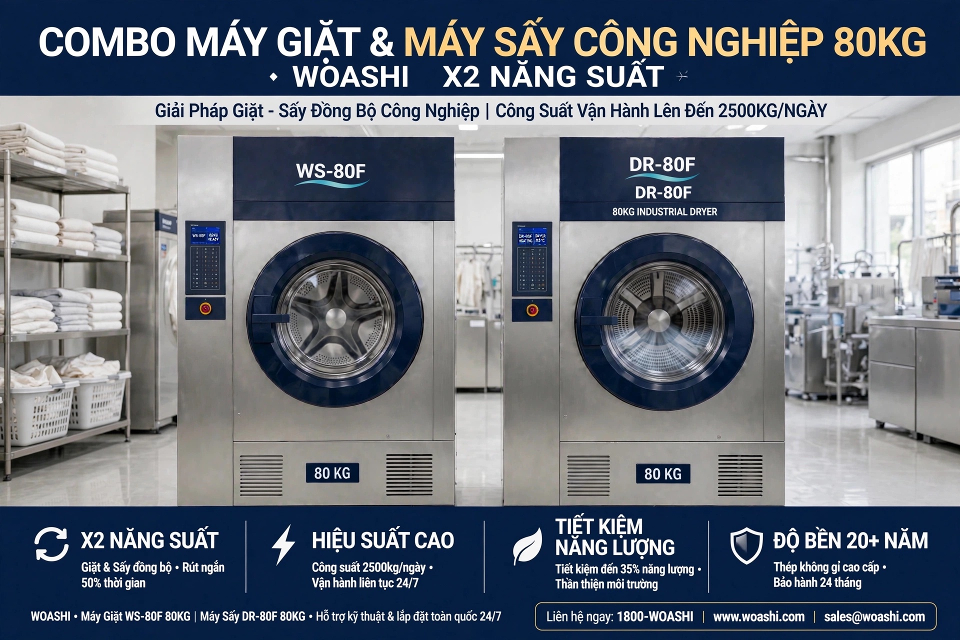 combo máy giặt máy sấy công nghiệp 80kg WOASHI X2 năng suất