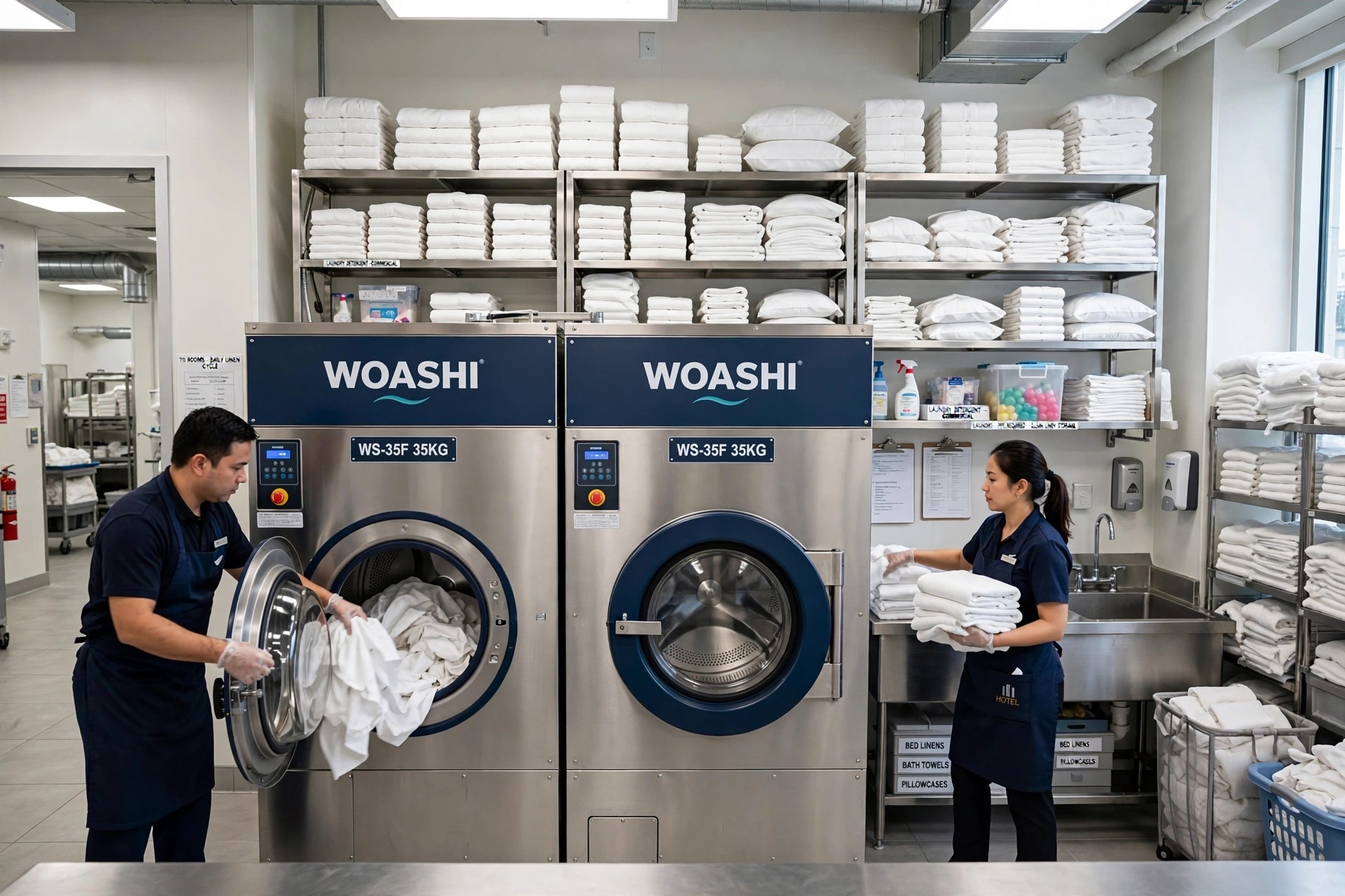 lắp đặt máy giặt công nghiệp 35kg WOASHI WS-35F cho khách sạn 70 phòng