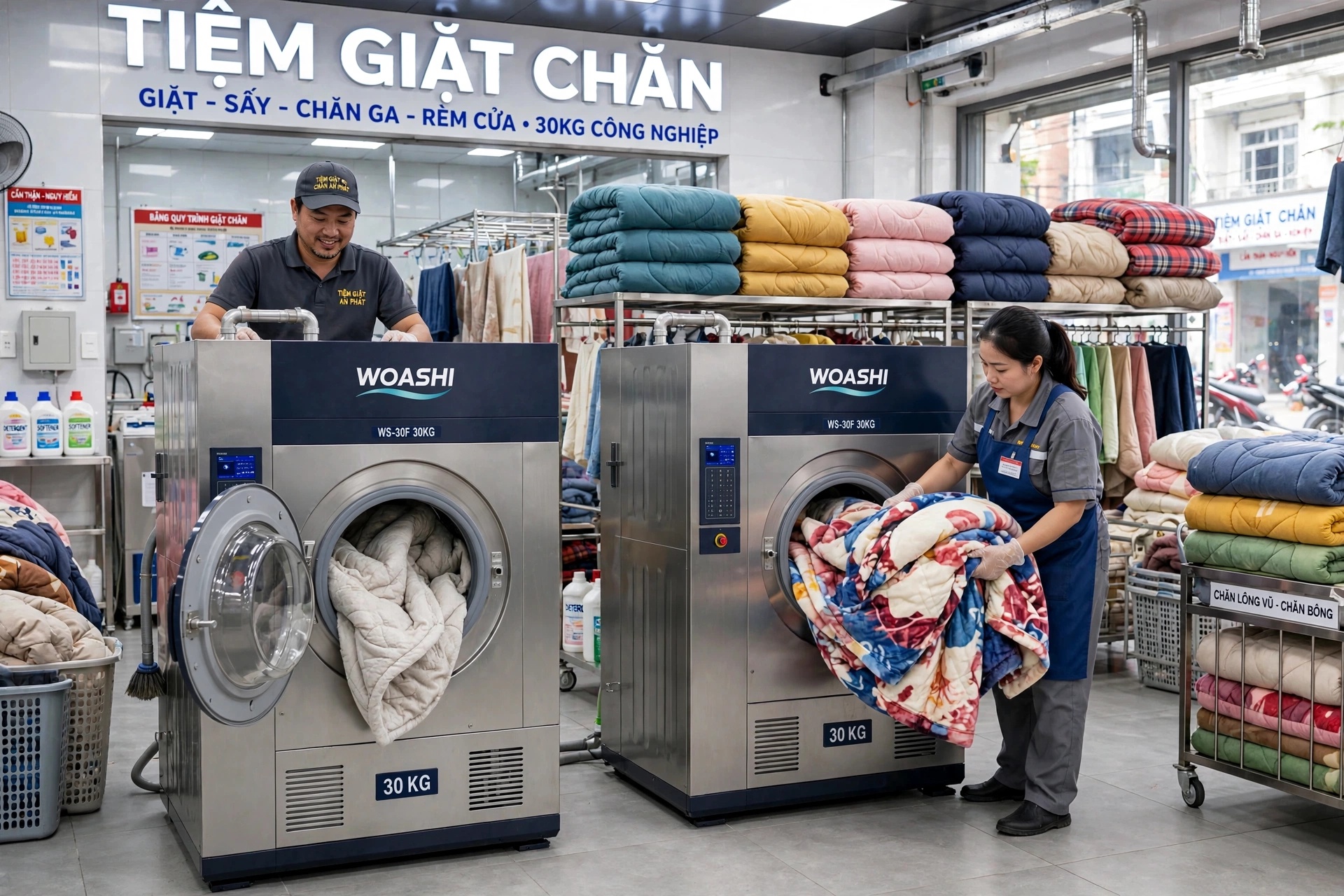 lắp đặt máy giặt công nghiệp 30kg WOASHI cho tiệm giặt chăn