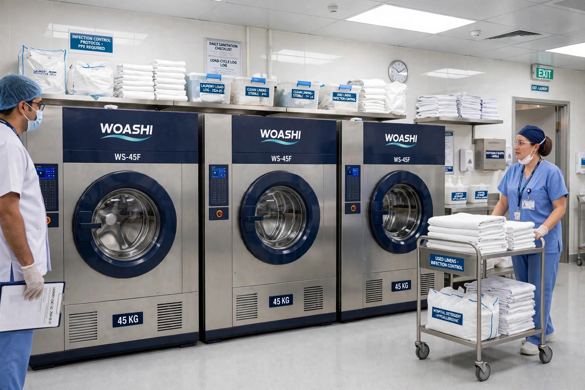 lắp đặt máy giặt công nghiệp 45kg WOASHI WS-45F cho bệnh viện