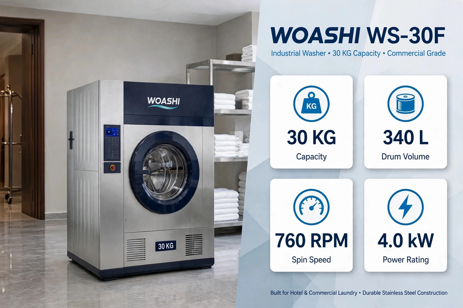 thông số máy giặt công nghiệp 30kg WOASHI WS-30F 30KG 340L 760RPM 4kW