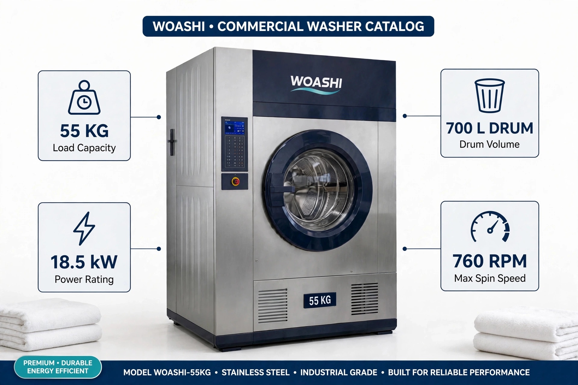 máy giặt công nghiệp 55kg WOASHI WS-55F 55KG 700L 760RPM 18.5kW
