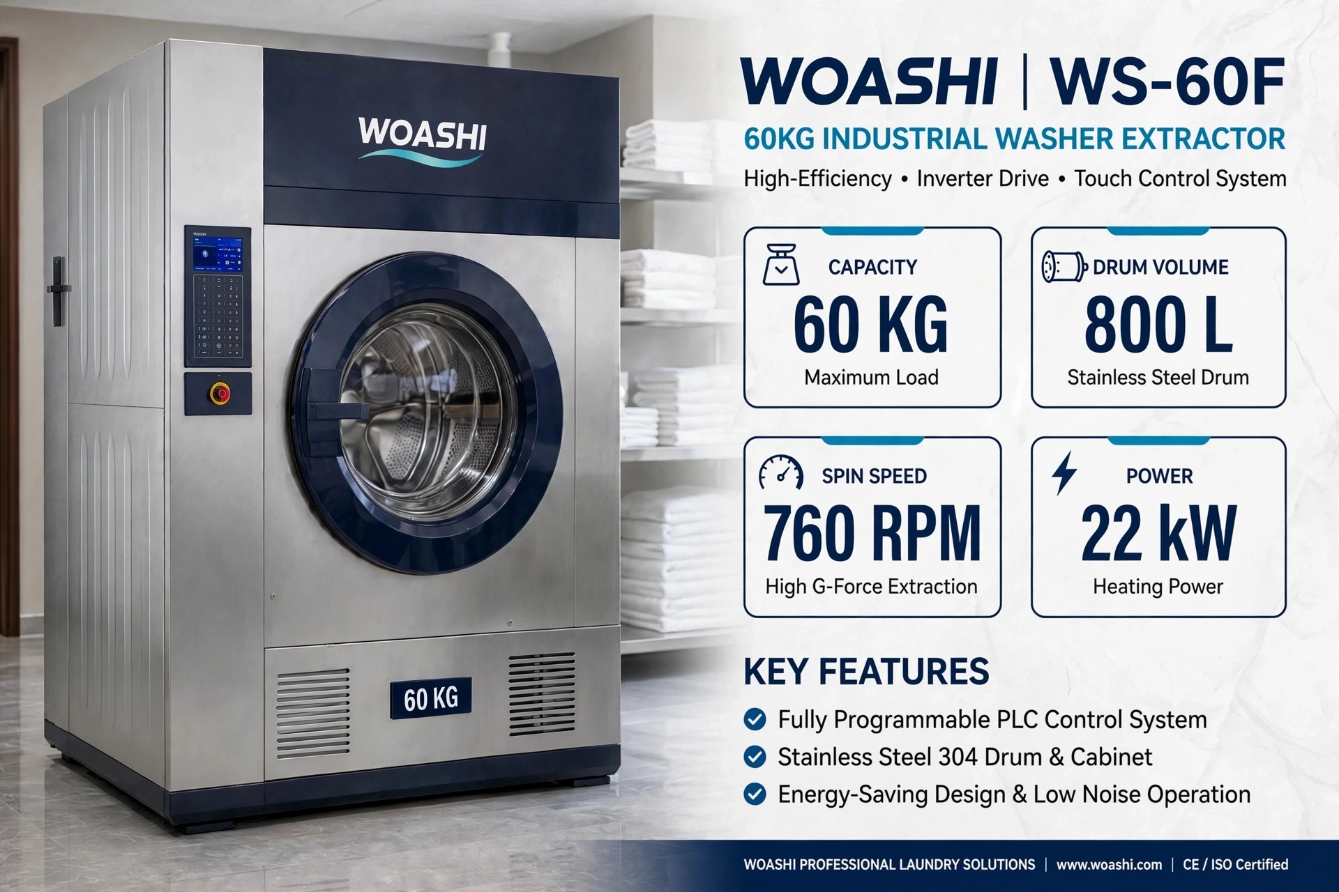 Thông số máy giặt công nghiệp 60kg WOASHI WS-60F 60KG 800L 760RPM 22kW