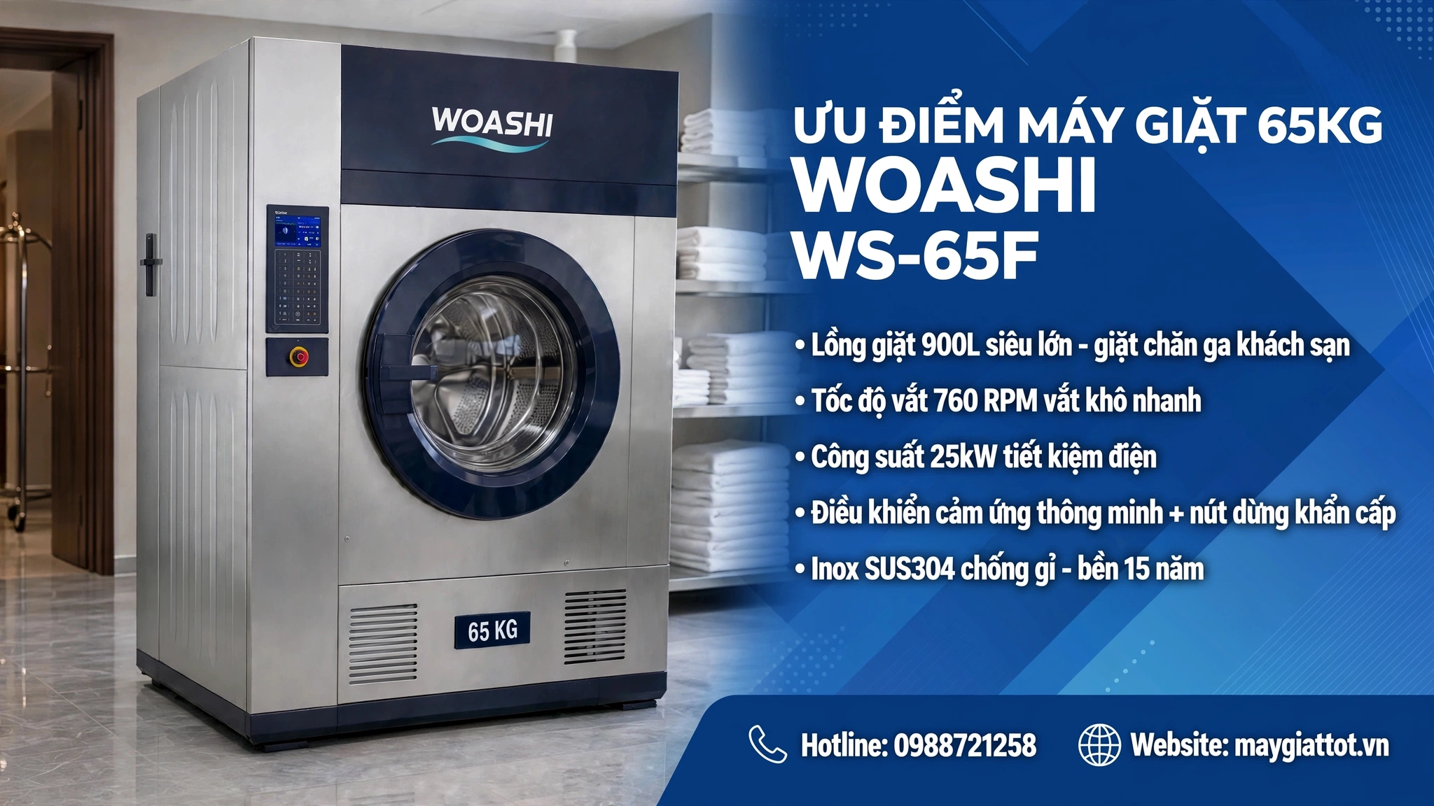 ưu điểm máy giặt công nghiệp 65kg WOASHI WS-65F lồng 900L 25kW