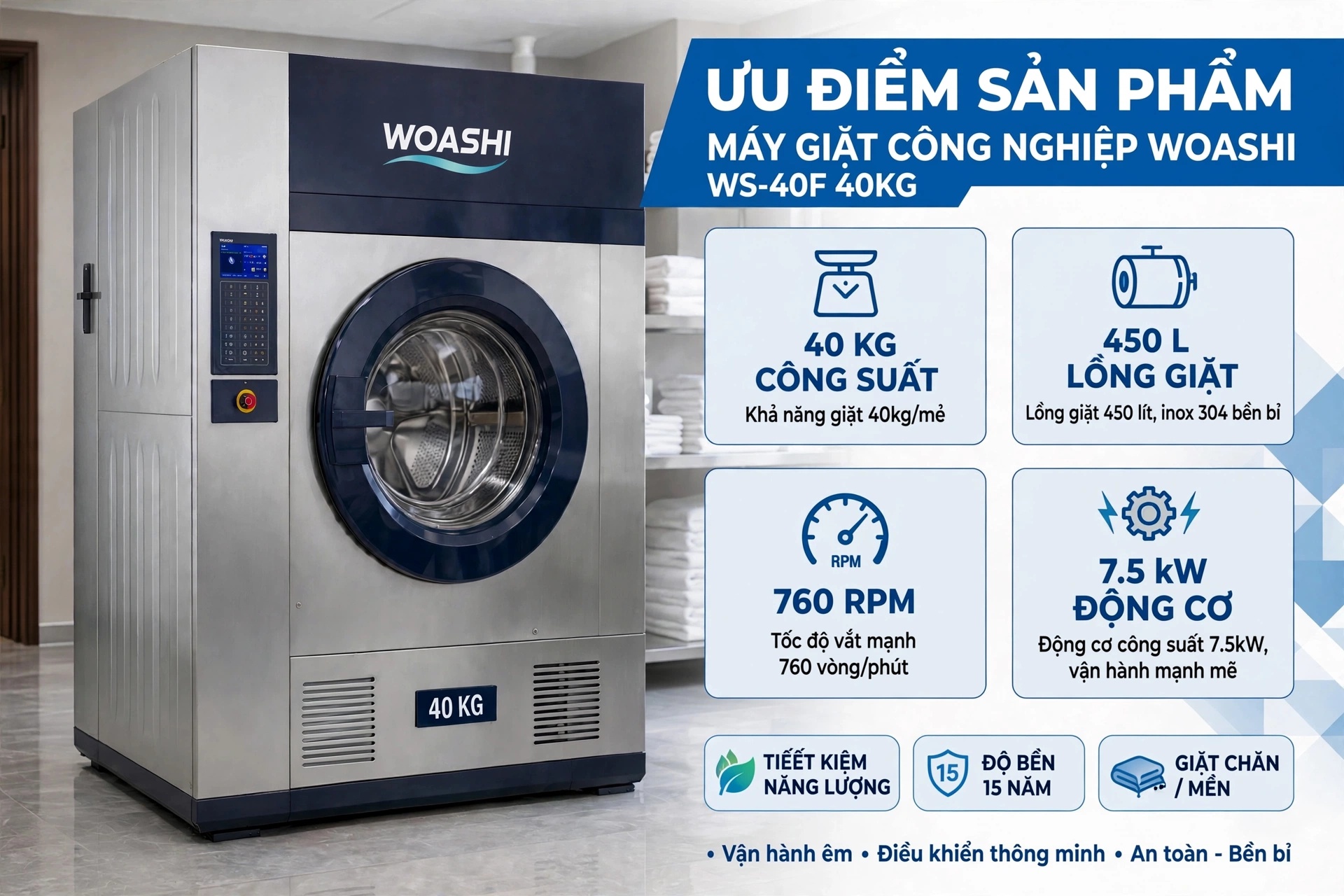 ưu điểm máy giặt công nghiệp 40kg WOASHI WS-40F lồng 450L