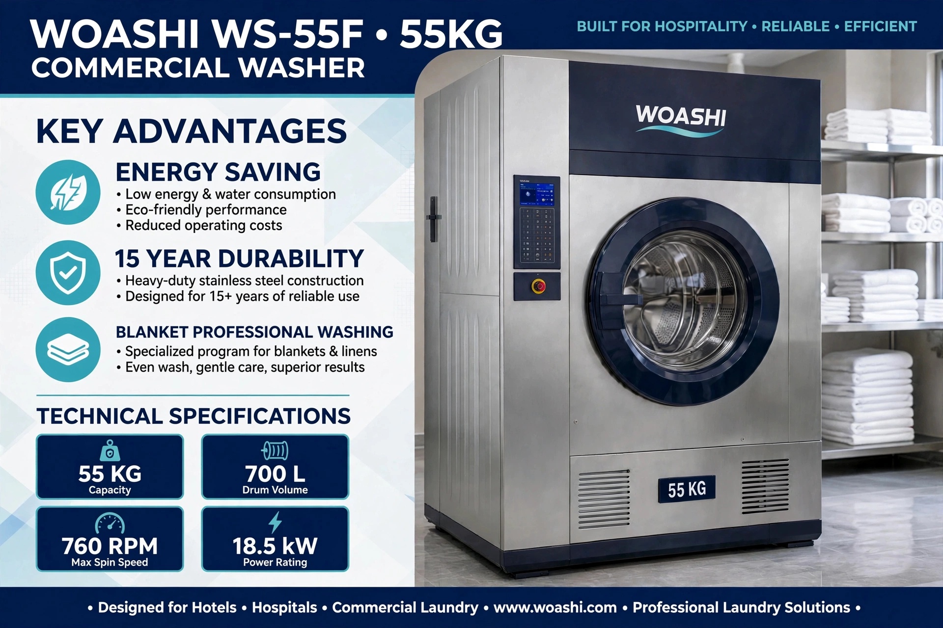 ưu điểm máy giặt công nghiệp 55kg WOASHI WS-55F lồng 700L 18.5kW