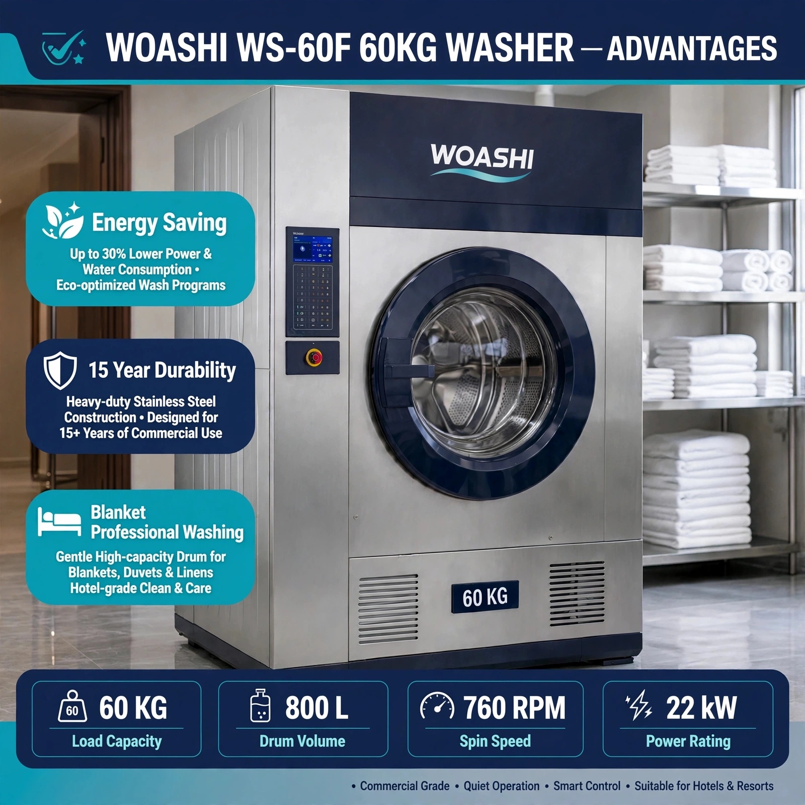 ưu điểm máy giặt công nghiệp 60kg WOASHI WS-60F lồng 800L 22kW