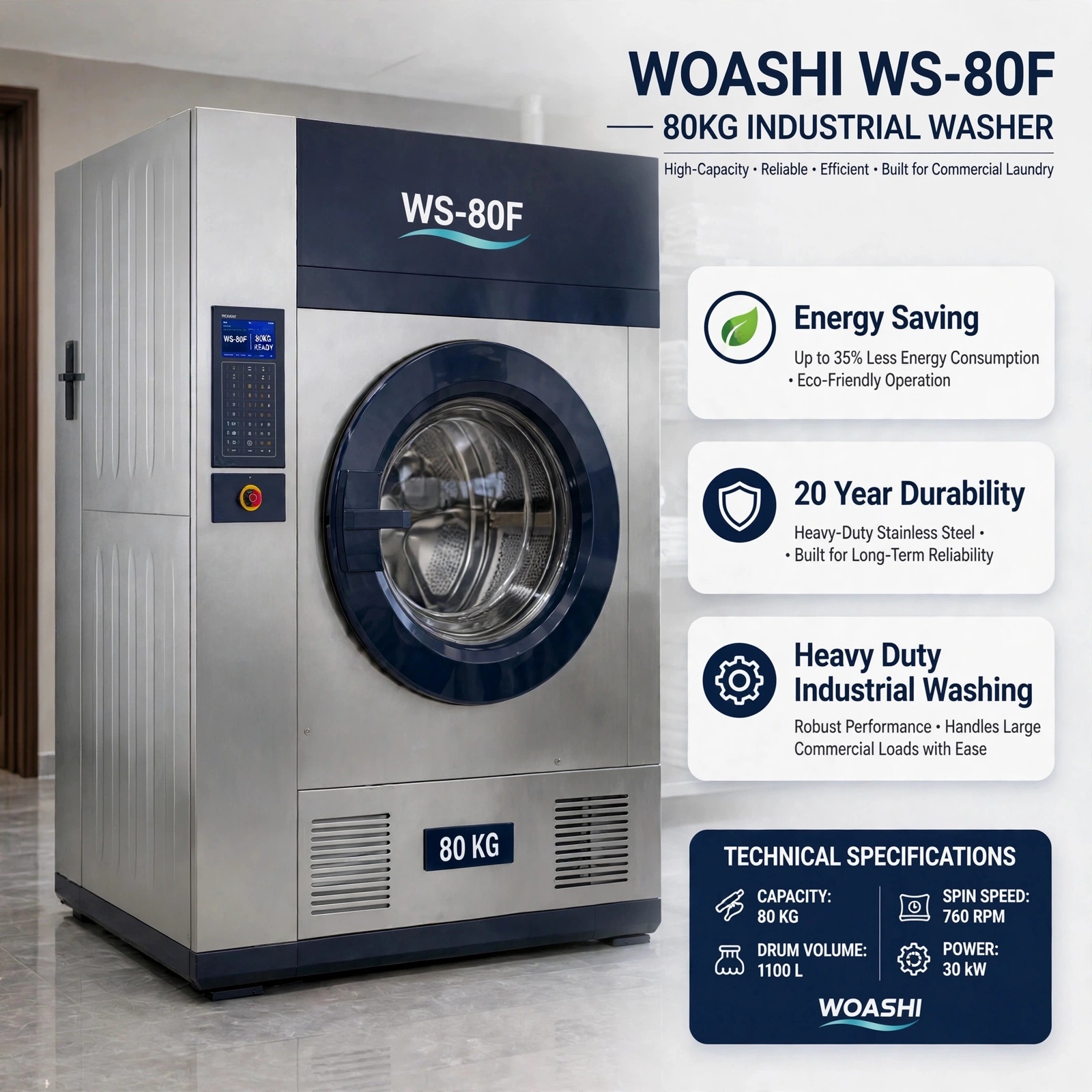 ưu điểm máy giặt công nghiệp 80kg WOASHI WS-80F lồng 1100L 30kW