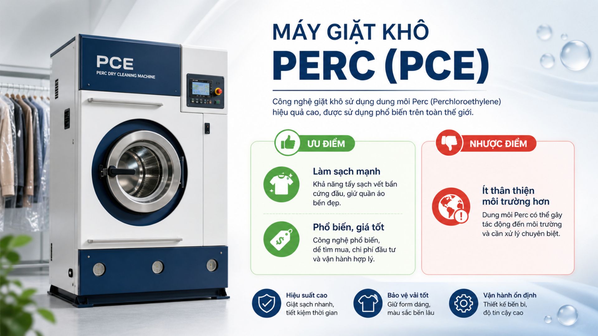 Máy giặt khô Perc (PCE) Ưu điểm: Làm sạch mạnh Phổ biến, giá tốt Nhược điểm: Ít thân thiện môi trường hơn 👉 Xem chi tiết bài viết : Máy giặt khô Perc