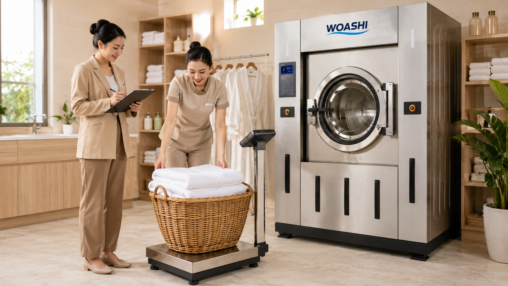 Cân khối lượng khăn khô để chọn công suất máy giặt khăn spa WOASHI