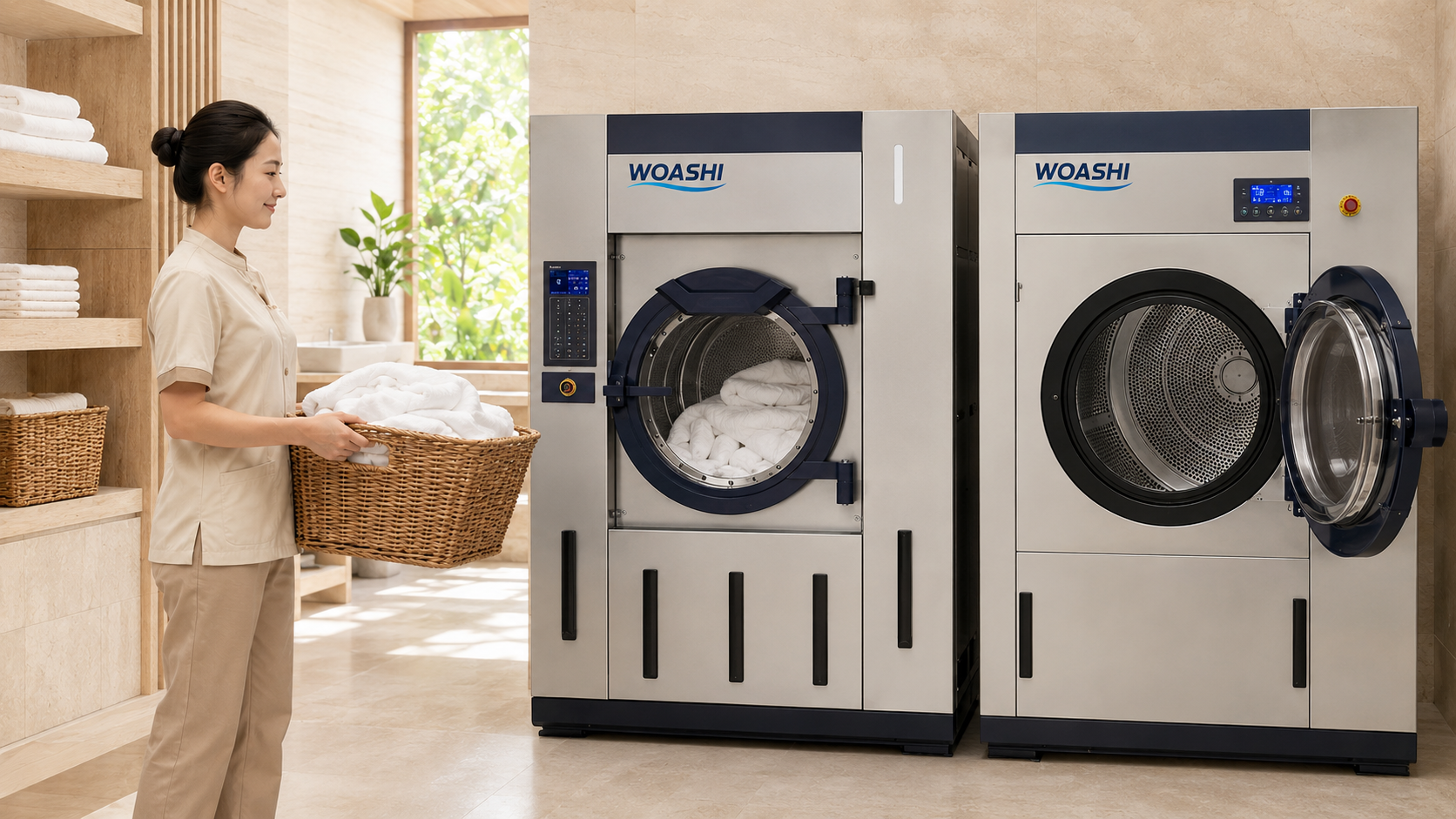 Hệ thống máy giặt và máy sấy khăn spa công nghiệp WOASHI