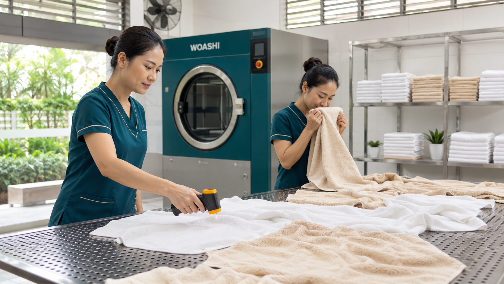 Kiểm tra và làm nguội khăn massage trước khi gấp