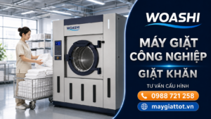 Máy giặt công nghiệp giặt khăn WOASHI trong khu giặt là hiện đại