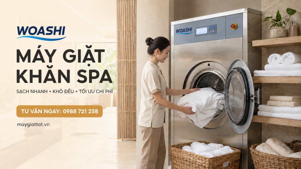 Máy giặt khăn spa công nghiệp WOASHI trong khu giặt là spa hiện đại