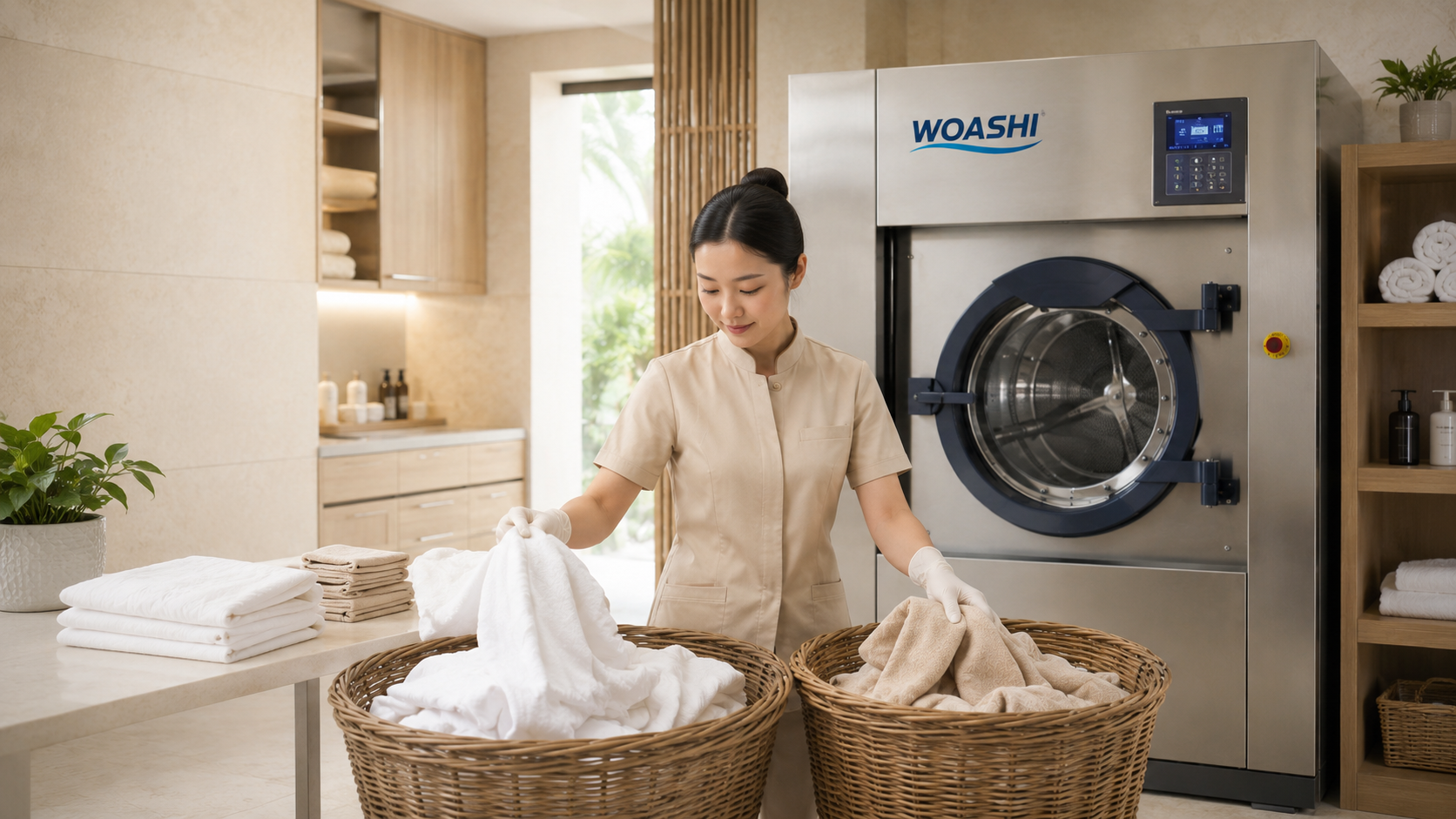 Nhân viên phân loại khăn spa trước khi giặt bằng máy WOASHI