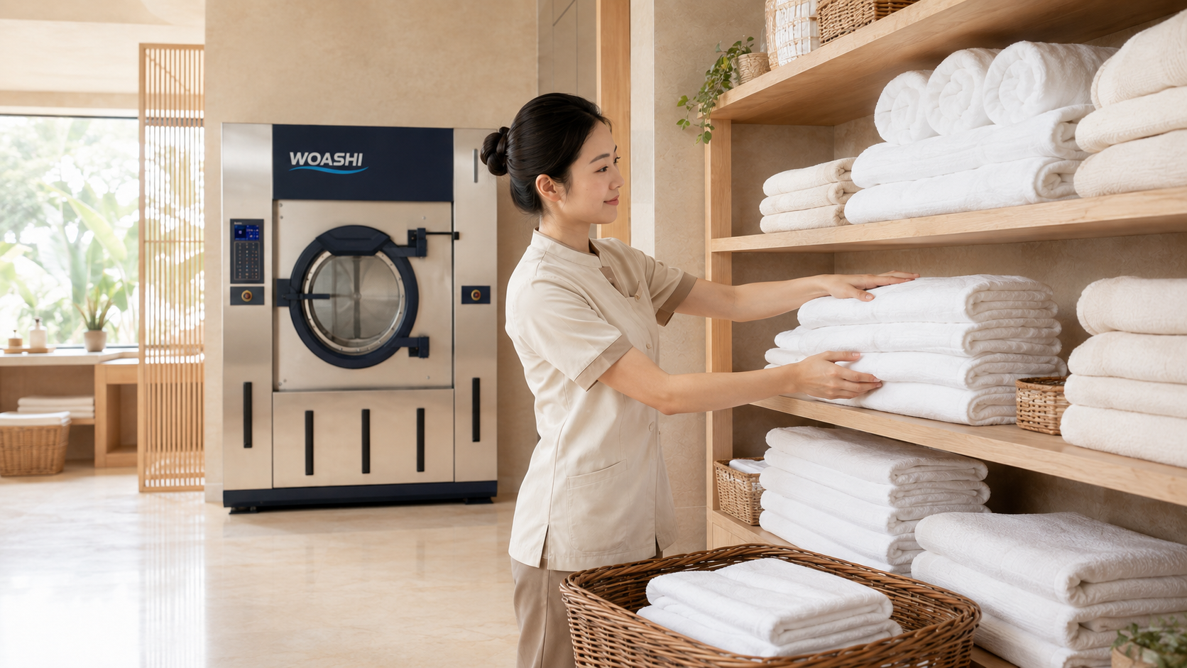 Nhân viên sắp xếp khăn spa sạch sau khi giặt sấy bằng máy WOASHI