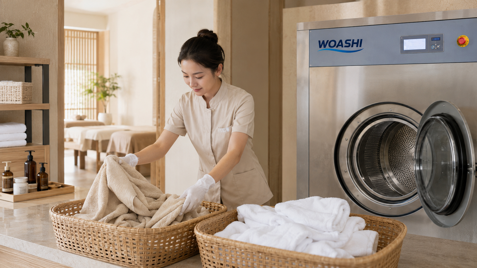 Phân loại và giặt khăn spa massage bằng máy công nghiệp WOASHI