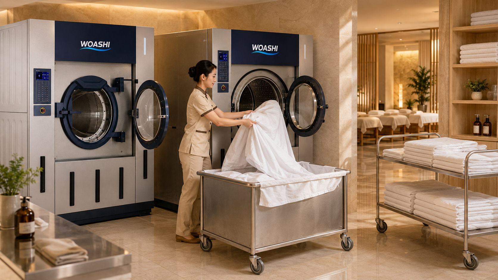 Quy trình giặt sấy ga giường spa bằng máy WOASHI