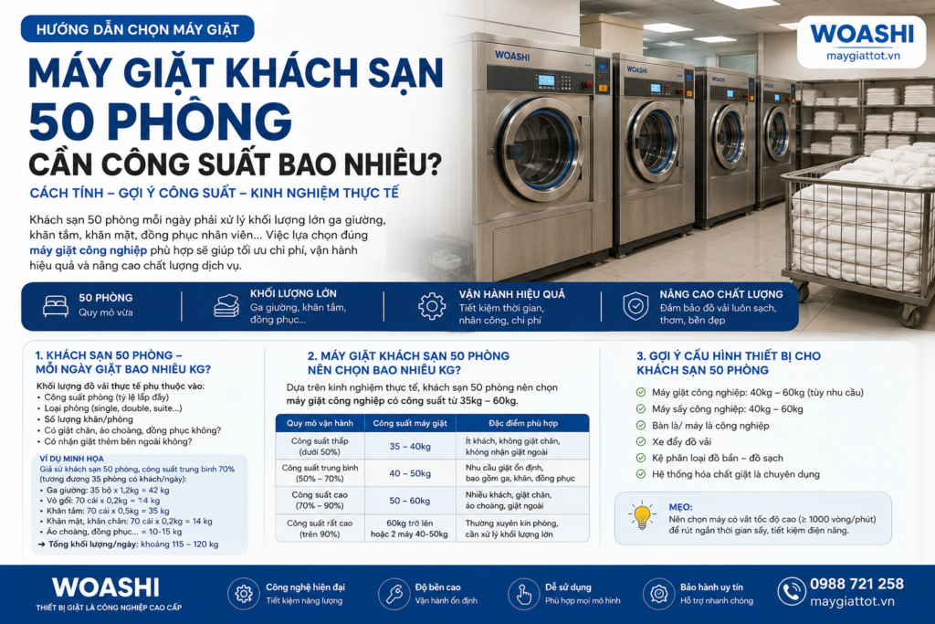 Máy giặt khách sạn 50 phòng công suất bao nhiêu kg