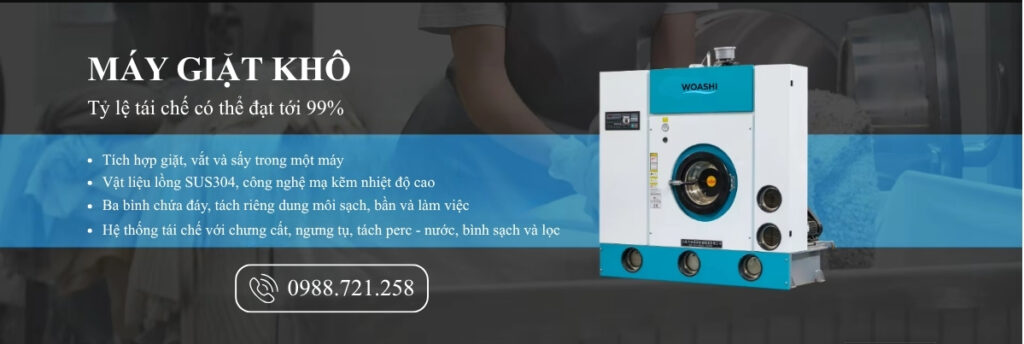 Máy giặt khô khép kín thân thiện môi trường, hệ thống tái chế với chưng cất, ngưng tụ, tách perc-nước. Phù hợp tiệm giặt cao cấp, khách sạn 5 sao. Xem tại maygiattot.vn